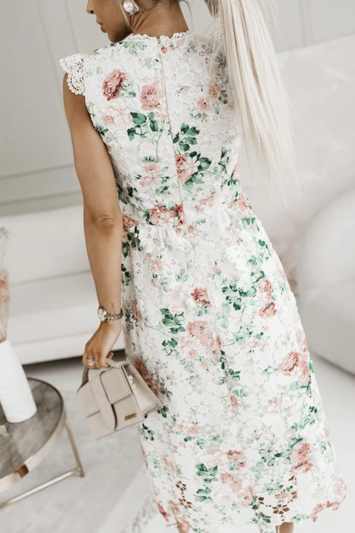 SUKIENKA MIDI MANUELA Z KOLOROWEJ GIPIURY W KWIATY BEŻOWA 3