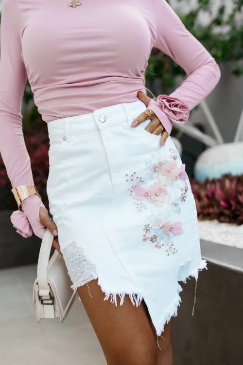 SPÓDNICA JEANSOWA MINI Z KOLOROWYMI KWIATAMI 3D BIAŁA 5