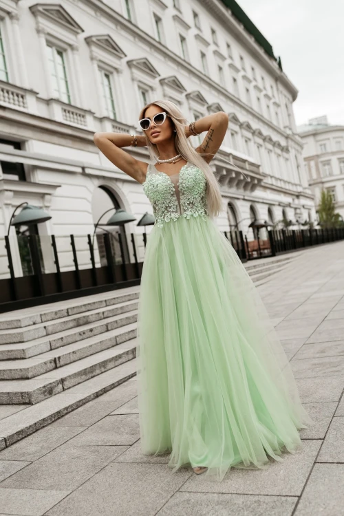 SUKIENKA VICTORIA TIULOWA MAXI Z OZDOBNYM GORSETEM PISTACJOWA 4