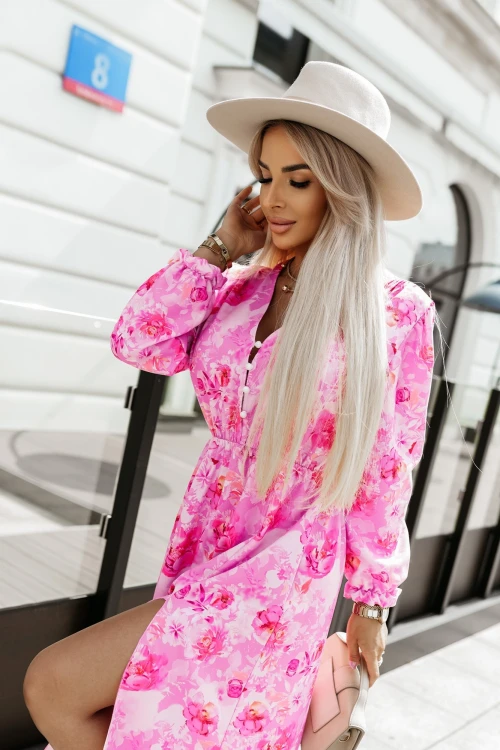 SUKIENKA MIDI AFRODYTA Z ROZCIĘCIEM NA NODZE W KWIATY RÓŻOWO-MALINOWA 5