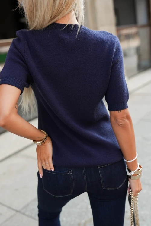 SWETER Z KRÓTKIM RĘKAWEM ZDOBIONY BŁYSZCZĄCĄ NITKĄ GRANATOWY 1