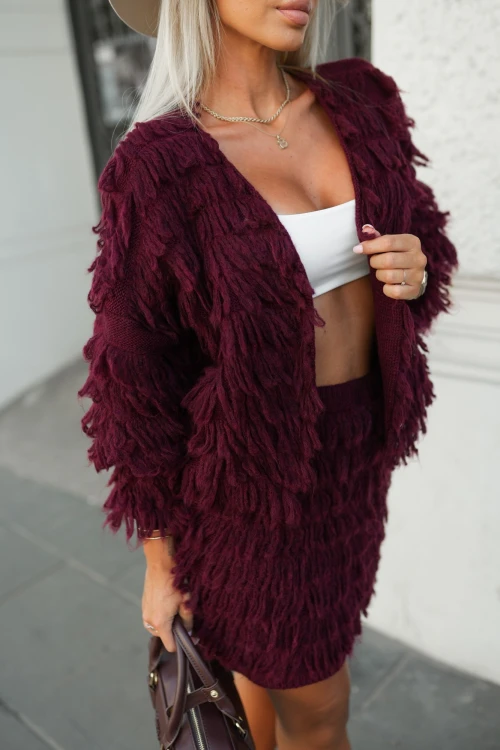 KARDIGAN TINY Z FRĘDZLAMI BURGUNDOWY 1