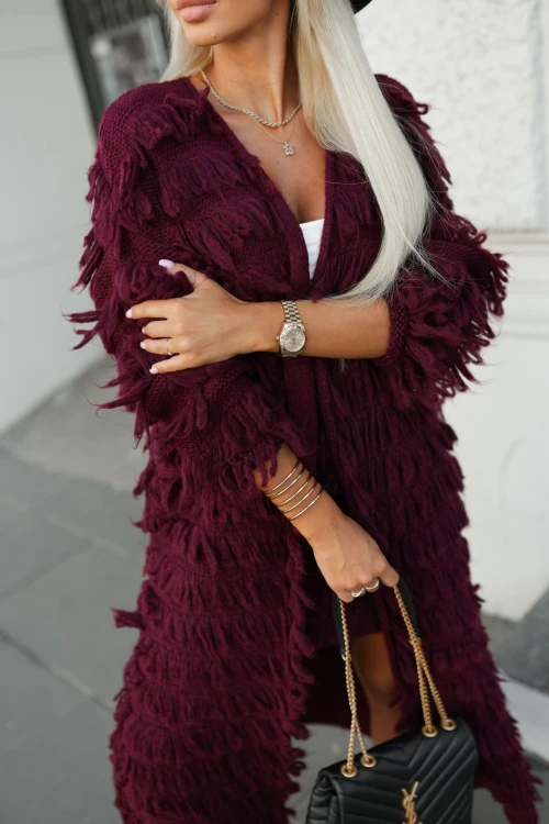 KARDIGAN MAXI NAOMI Z FRĘDZLAMI BURGUNDOWY 1