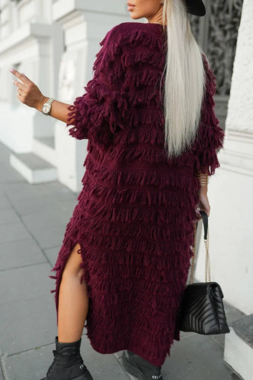 KARDIGAN MAXI NAOMI Z FRĘDZLAMI BURGUNDOWY 2