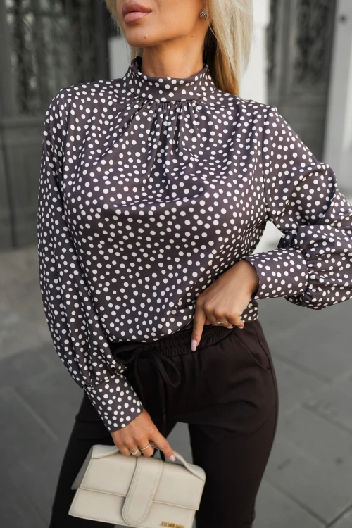 KOSZULA NA STÓJKĘ VERONA W BEŻOWE GROSZKI CZEKOLADOWA 1