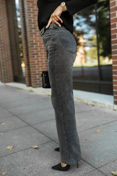 SPODNIE JEANSOWE Z WYSOKIM STANEM Z PASKIEM W KOMPLECIE GRAFITOWE 1