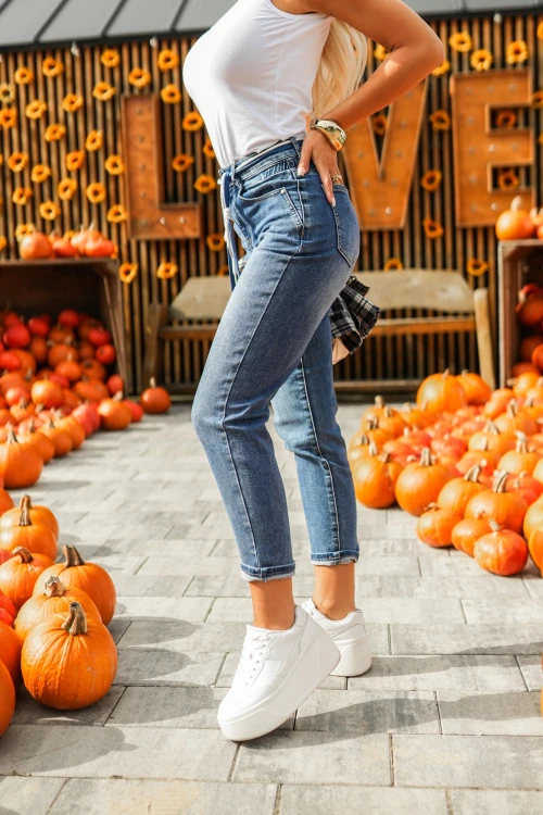 SPODNIE JEANSOWE Z WYSOKIM STANEM WIĄZANE SZNURKIEM W PASIE NIEBIESKI JEANS 2