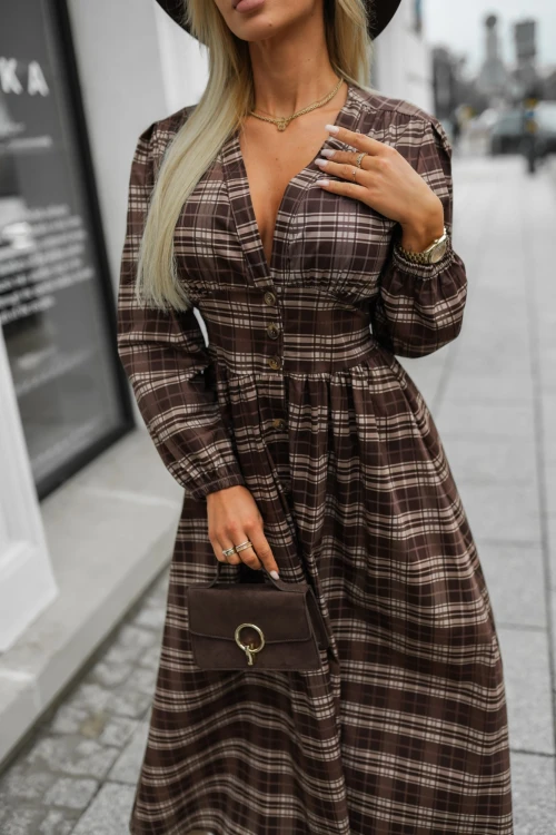 SUKIENKA BAWEŁNIANA MAXI W KRATĘ CZEKOLADOWA 1