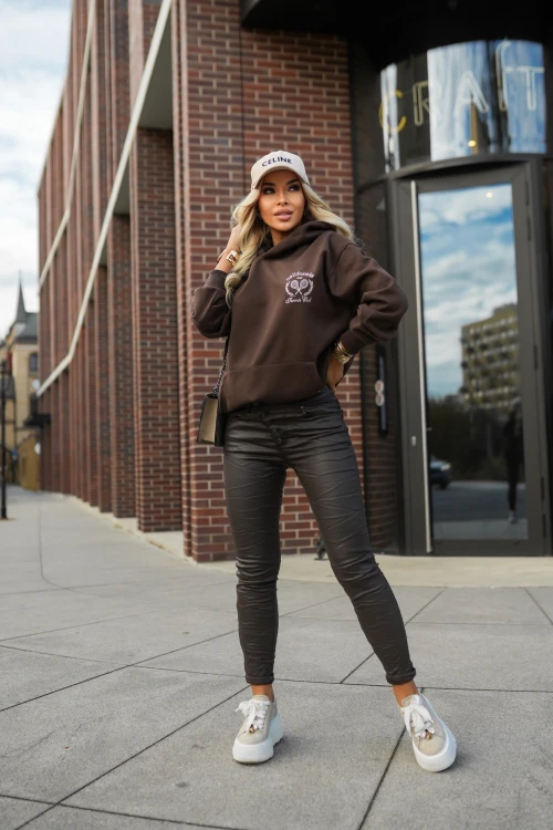 SPODNIE WOSKOWANE Z ASYMETRYCZNYM ZAPIĘCIEM CZEKOLADOWE 5