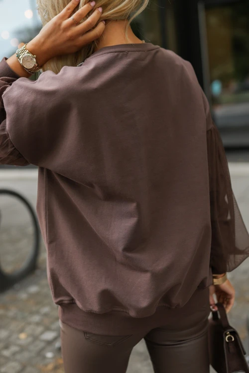 BLUZA BAWEŁNIANA Z OZDOBNYMI CYRKONIAMI Z SIATECZKOWYMI RĘKAWAMI CZEKOLADOWA 2