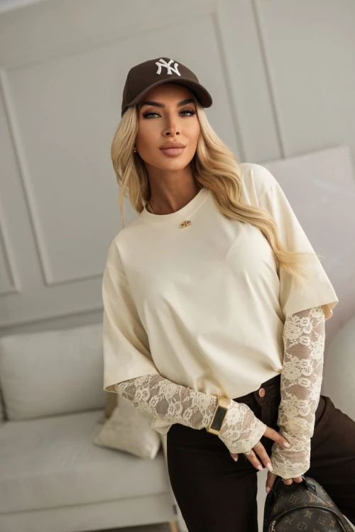 BLUZKA BASIC BAWEŁNIANA Z KORONKOWYMI RĘKAWAMI KOKOSOWA 1