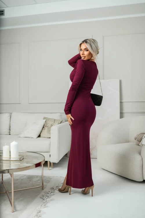 SUKIENKA MAXI MIDNIGHT Z GŁĘBOKIM DEKOLTEM I ROZCIĘCIEM NA NODZE BURGUNDOWA 1