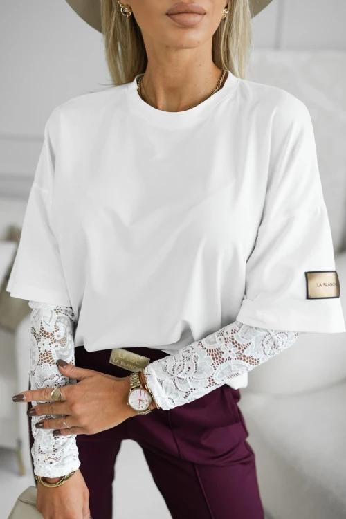 BLUZKA Z WISKOZY Z KORONKOWYMI RĘKAWAMI ECRU 3