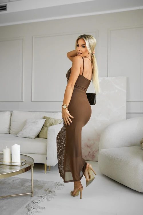 SUKIENKA MAXI ZDOBIONA CYRKONIAMI NA CIENKICH RAMIĄCZKACH CZEKOLADOWA 1