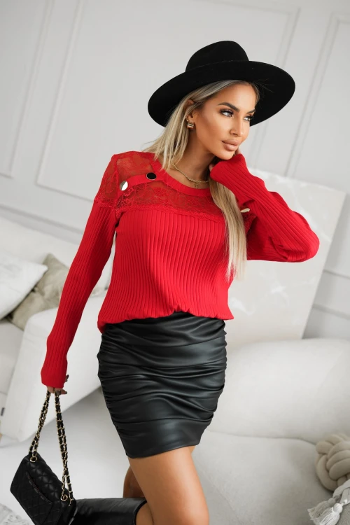 BLUZKA Z PRĄŻKOWANEGO MATERIAŁU Z KORONKĄ CZERWONA 3