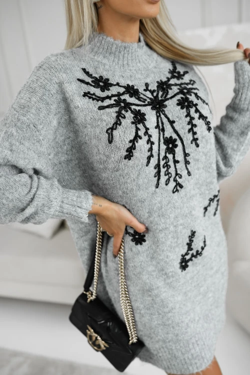 SUKIENKA SWETERKOWA TUNIKA W HAFTOWANE WZORY SZARA 2