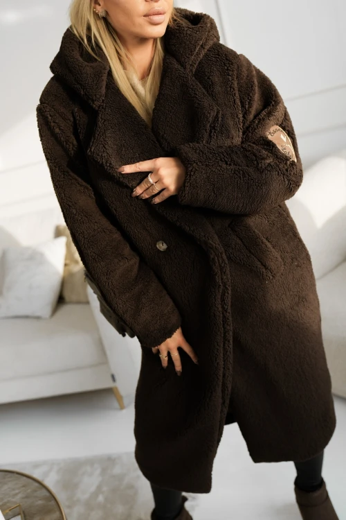 PŁASZCZ PLUSZOWY TEDDY Z KAPTUREM CZEKOLADOWY 2