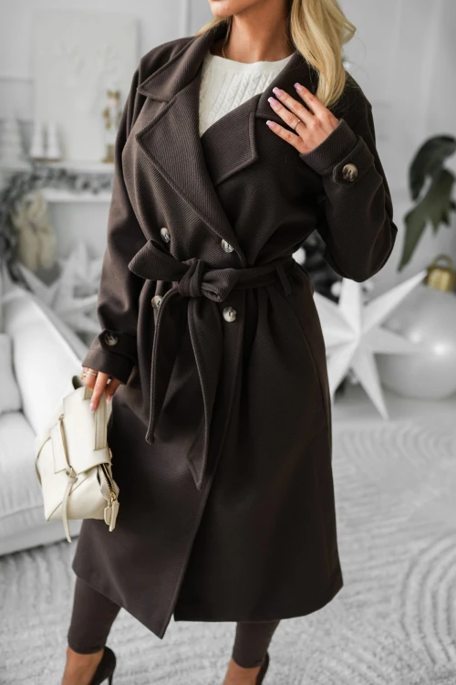 PŁASZCZ BEZ PODSZEWKI 60% WEŁNA WIĄZANY W PASIE CZEKOLADOWY 2