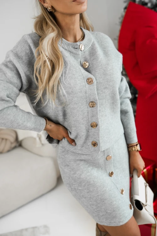 KOMPLET SWETERKOWY HARMONY KARDIGAN + SPÓDNICA MINI SZARY 2