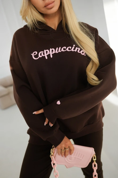 BLUZA BAWEŁNIANA Z KAPTUREM Z HAFTOWANYM NAPISEM CAPPUCCINO CZEKOLADOWA 2
