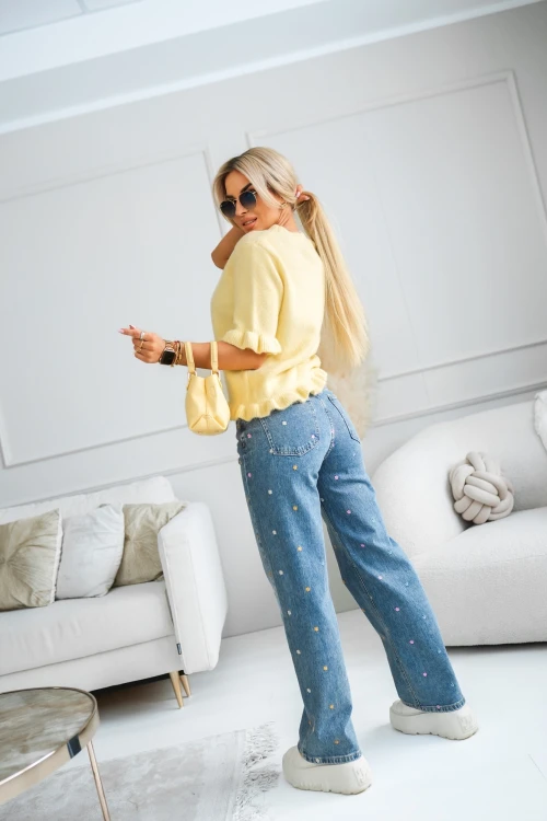 SPODNIE JEANSOWE Z WYSOKIM STANEM ZDOBIONE KOLOROWYMI KWIATUSZKAMI NIEBIESKI JEANS 4