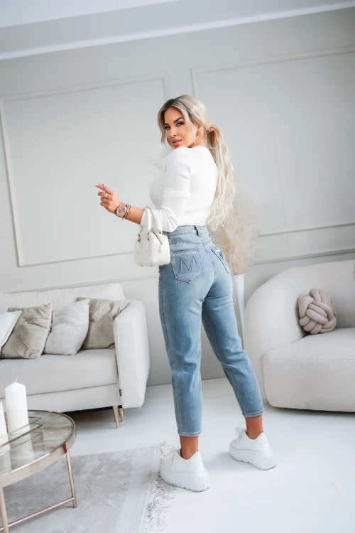 SPODNIE JEANSOWE MOM FIT Z OZDOBNYMI KIESZENIAMI NIEBIESKI JEANS 2