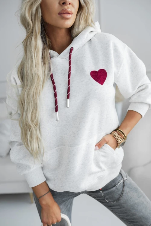 BLUZA DRESOWA BAWEŁNIANA Z KAPTUREM Z NASZYWKĄ SERCE SZARA 1