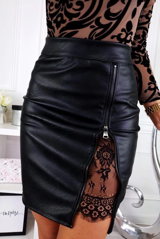 SPÓDNICA MINI ZIP + KORONKA CZARNA
