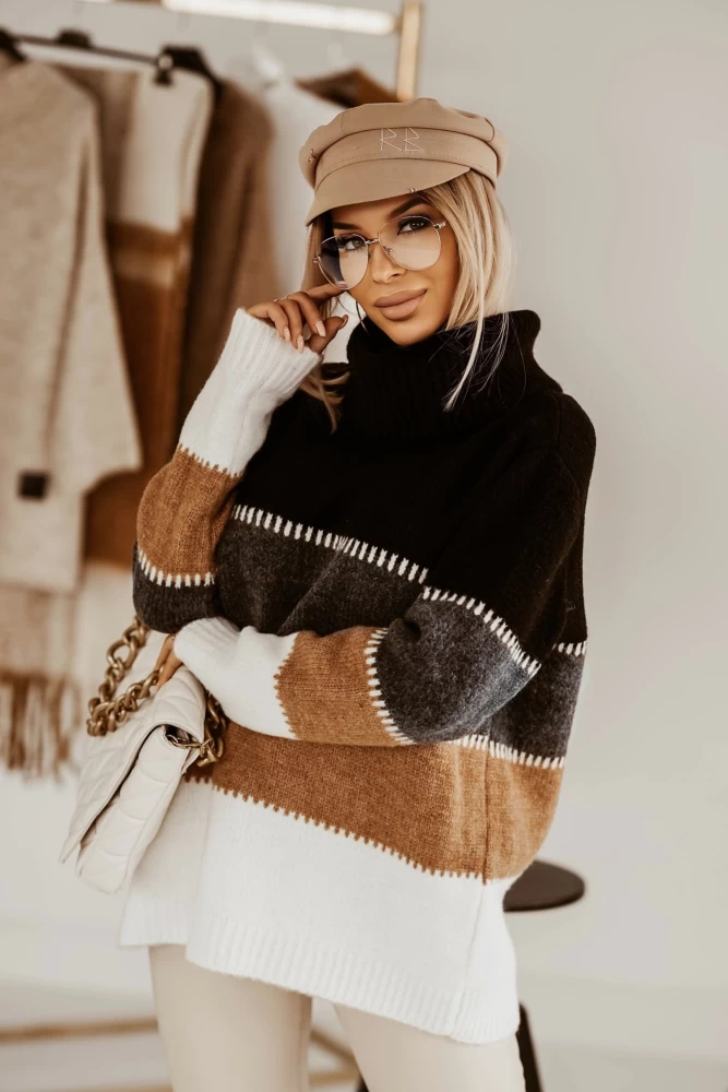 SWETER FUERTA Z WEŁNĄ Z GOLFEM CZARNY/ECRU/CAMEL