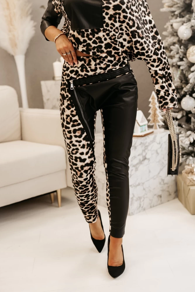 SPODNIE WELUROWE Z EKO SKÓRĄ LA MU PANTERKA BEŻOWO-CZARNE