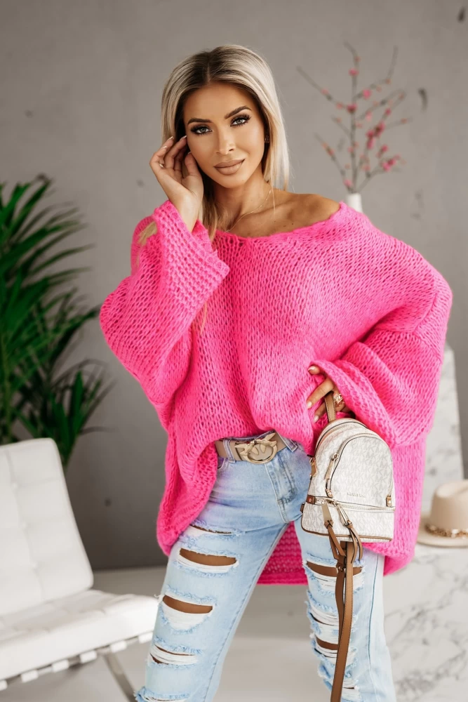 SWETER TUNIKA ORION OVERSIZE Z SZEROKIMI RĘKAWAMI MOCNY RÓŻ