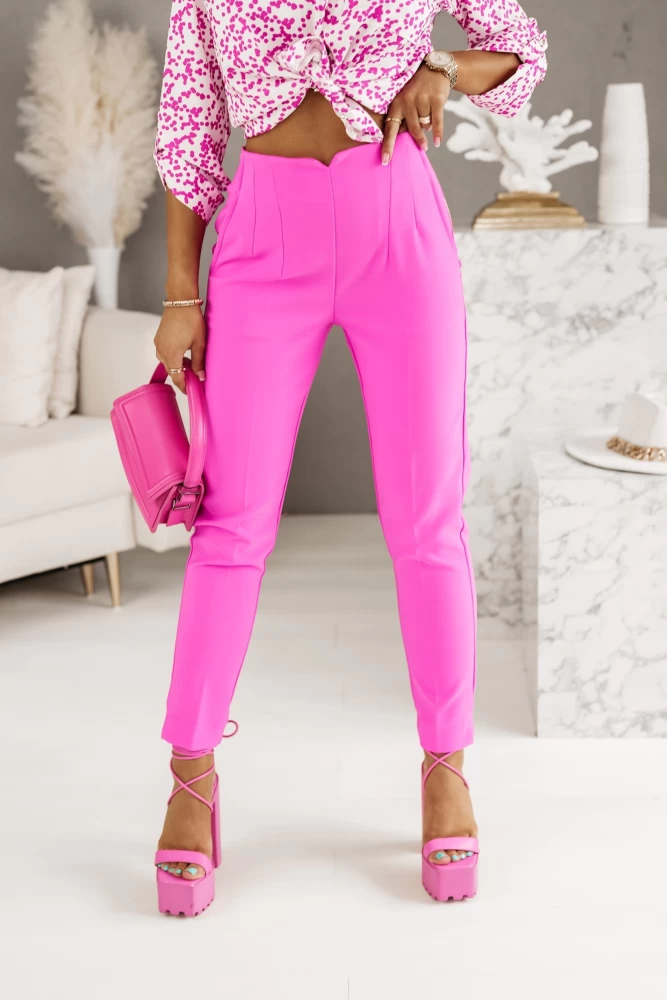 SPODNIE CYGARETKI ROSE Z WYSOKIM STANEM Z GUMĄ W PASIE MOCNY RÓŻ