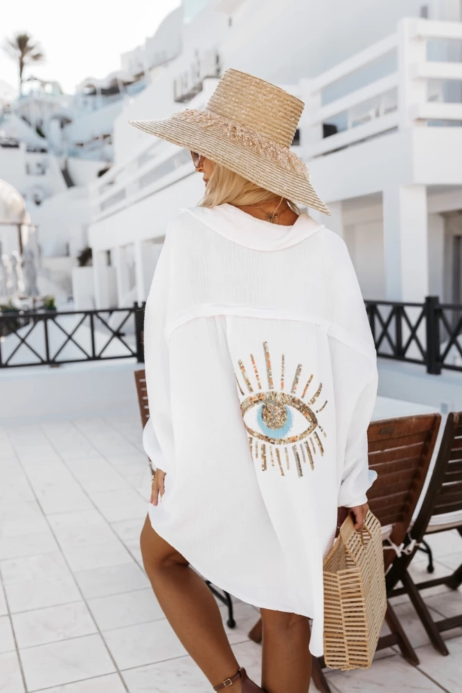 KOSZULA MUŚLINOWA Z EFEKTOWNĄ APLIKACJĄ EYE BIAŁA