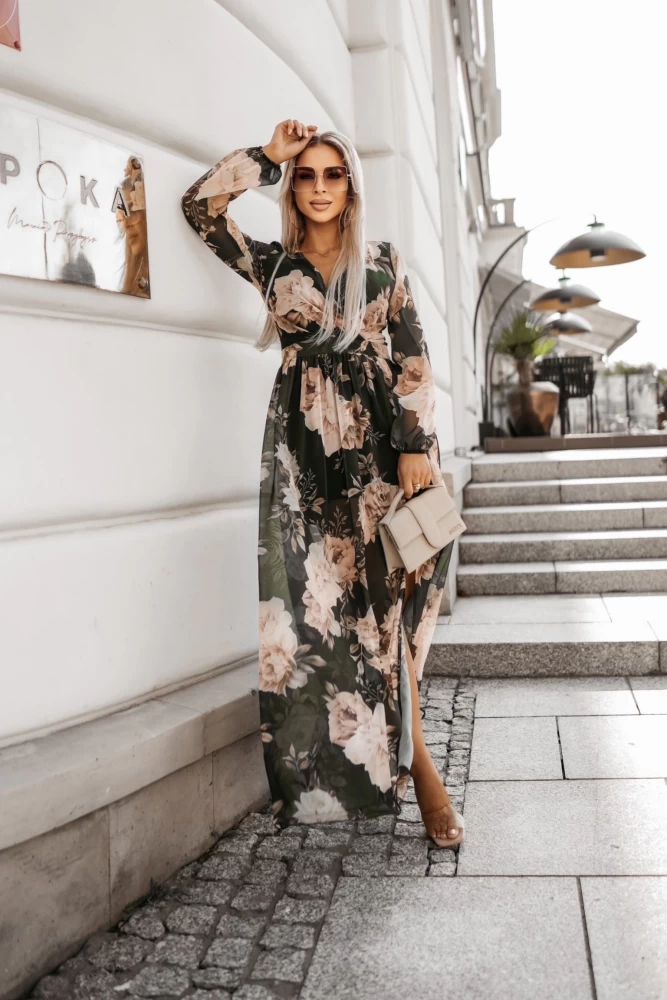 SUKIENKA SZYFONOWA ROXIE MAXI Z ROZCIĘCIEM W KWIATY CZARNO-BRĄZOWA
