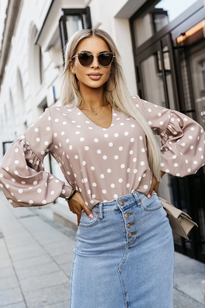 BLUZKA KOSZULOWA ISABEL Z SZEROKIMI RĘKAWAMI W GROSZKI BEŻOWA