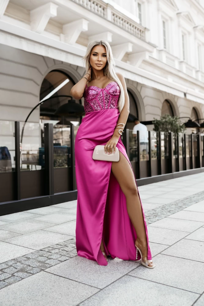 SUKIENKA MAXI LAURA Z GORSETEM SATYNOWA FUKSJA