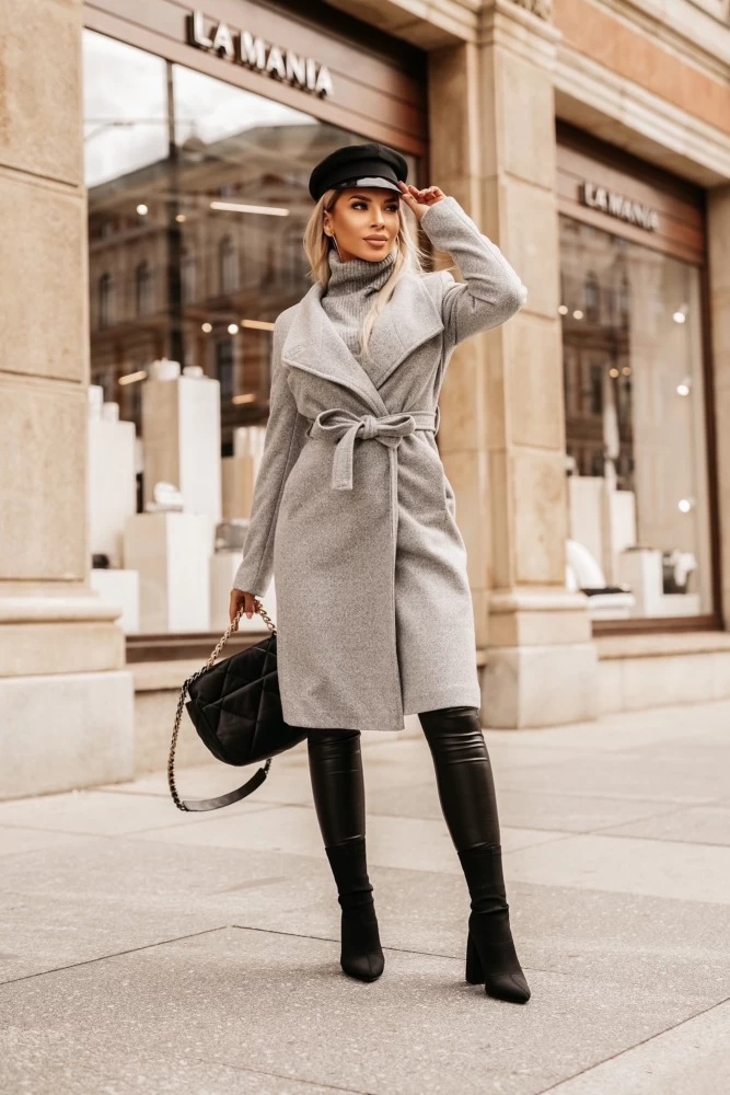 PŁASZCZ WEŁNIANY WIĄZANY W PASIE Z WEŁNĄ SZARY