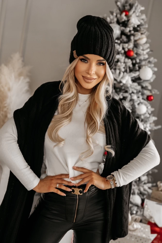 KOMPLET POLA Z WEŁNĄ CZAPKA + SZAL WARKOCZ CZARNY