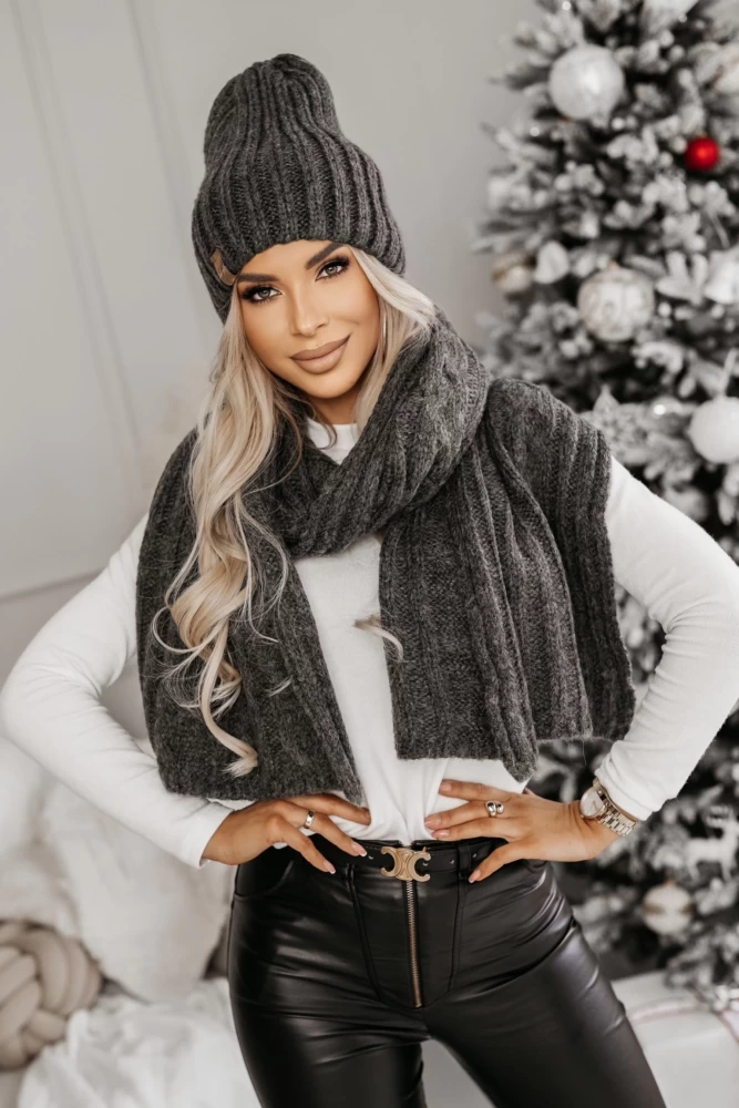 KOMPLET POLA Z WEŁNĄ CZAPKA + SZAL WARKOCZ CIEMNY SZARY