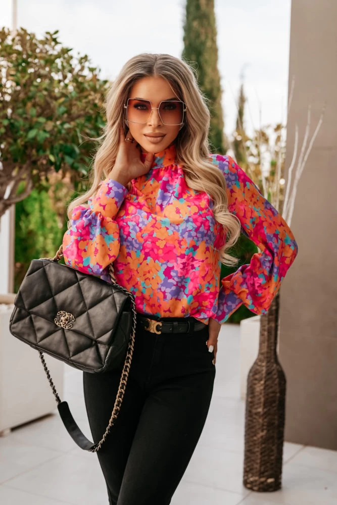 KOSZULA NA STÓJKĘ VERONA POMARAŃCZOWO-FIOLETOWA W KWIATY