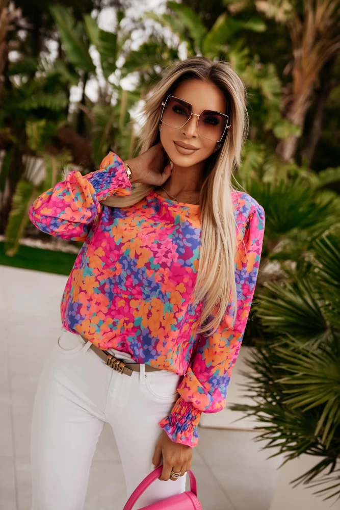 KOSZULA PENELOPE ZE ŚCIĄGACZAMI NA RĘKAWACH POMARAŃCZOWO-RÓŻOWA W KWIATY