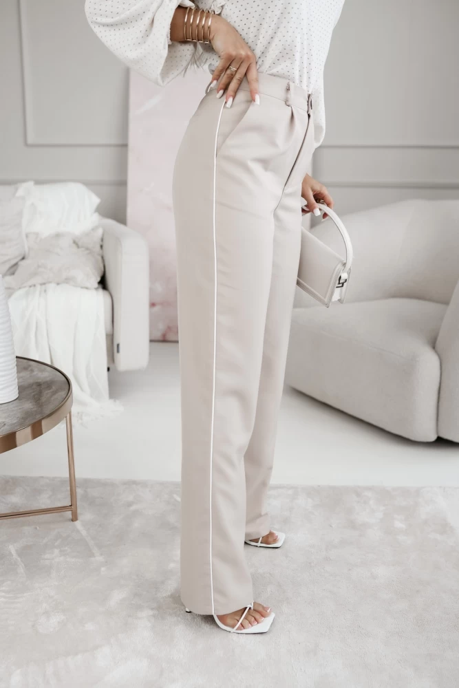 SPODNIE MATERIAŁOWE GENESIS Z WYSOKIM STANEM Z GUMĄ W PASIE I Z LAMPASEM BEŻOWE