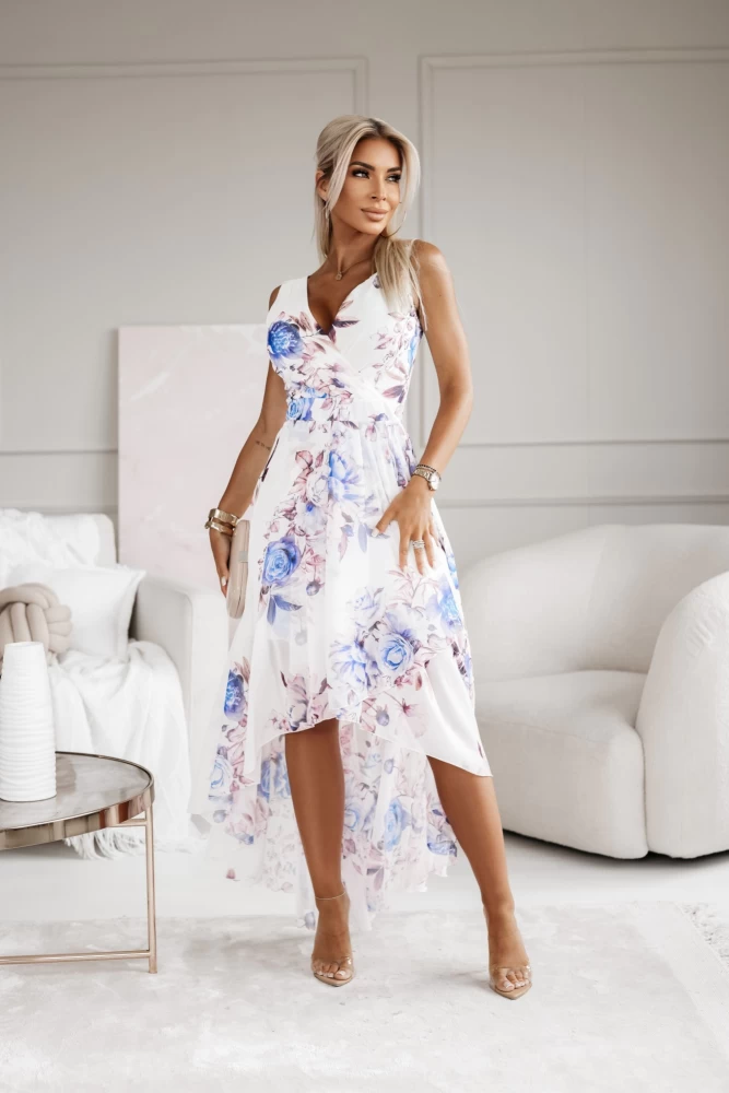 SUKIENKA ASYMETRYCZNA VENETTA Z DEKOLTEM KOPERTOWYM BIAŁO-NIEBIESKA W KWIATY