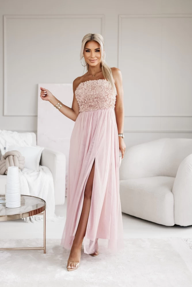 SUKIENKA MAXI TIULOWA ROSALIE Z OZDOBNĄ GÓRĄ Z PŁATKÓW KWIATÓW BEŻOWA