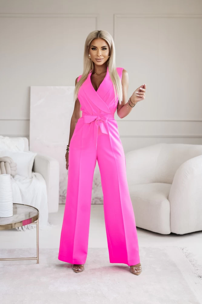 KOMBINEZON ELEGANCKI JANETT WIĄZANY W PASIE Z KOPERTOWYM DEKOLTEM MOCNY RÓŻ