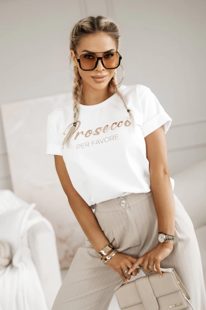 T-SHIRT Z NAPISEM PROSECCO BIAŁY