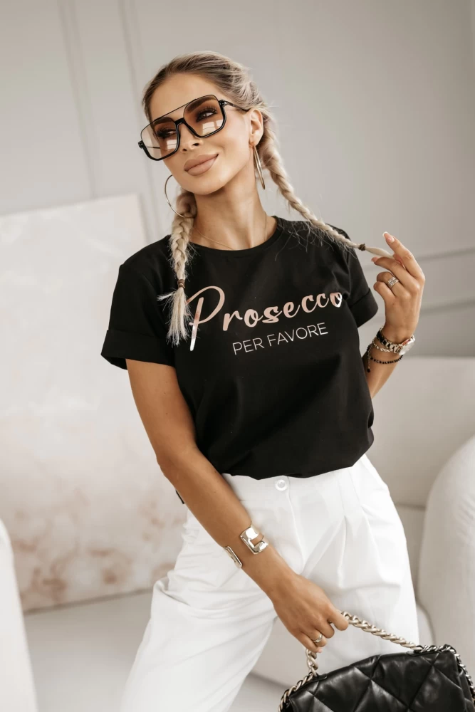 T-SHIRT Z NAPISEM PROSECCO CZARNY