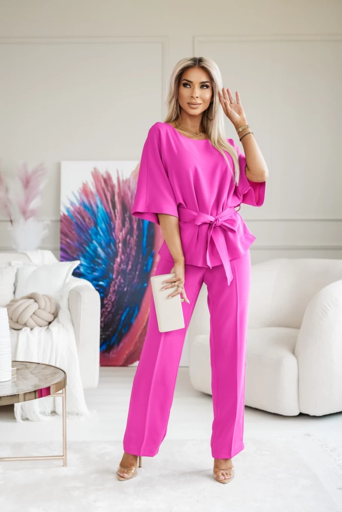 KOMPLET MERCEDES BLUZKA WIĄZANA W TALII + SPODNIE AMARANTOWY