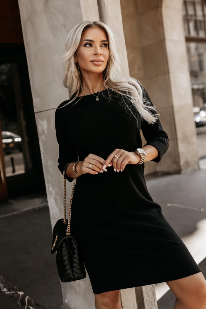 SUKIENKA SWETERKOWA Z WISKOZY Z RĘKAWEM 3/4 CZARNA