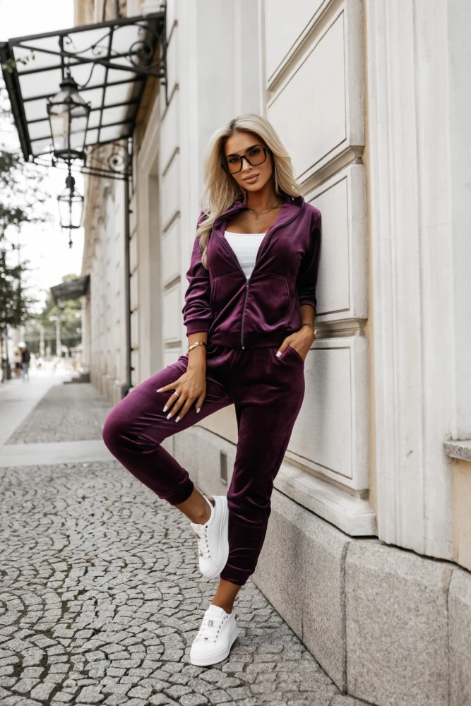 KOMPLET DRESOWY GINGER WELUROWY BLUZA ROZPINANA + SPODNIE JAGODOWY